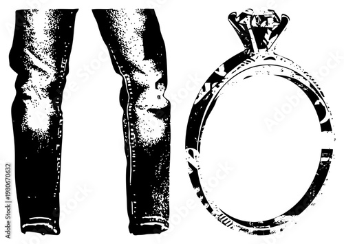 Graphic illustration of a solitaire diamond ring and denim jeans legs, rendered in halftone dot, vector art style, isolated elements for design use.