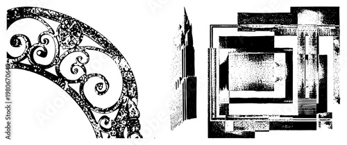 Decorative wrought iron scroll design, stylized architectural ornament, halftone texture, vector art, isolated elements, art deco motif, graphic.