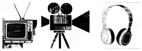 Retro old TV with antenna, film camera on, over ear headphones, all rendered in halftone dot matrix. Classic entertainment equipment symbols.