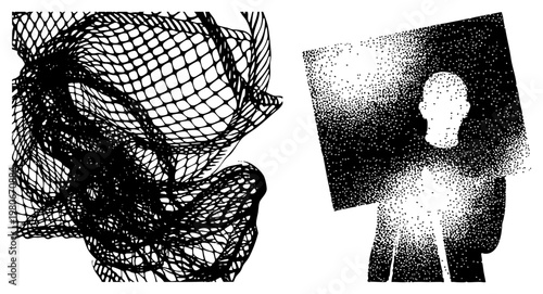 Dynamic black mesh forms twisted in 3D space, paired with halftone dot revealing human silhouette, vector art, graphic design element, isolated foreground.