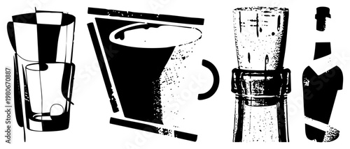 Graphic vector silhouettes of beverage containers with textured halftone effects, isolated drinkware, minimalist drink vessels, stylized barware, drink.