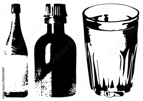 Classic glass bottle, amber medicine dropper, drinking glass, stylized vector art, halftone texture, design, isolated beverage containers.