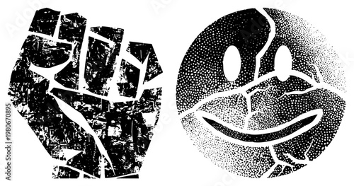 Stylized fist and face rendered in halftone dot, bold, graphic design elements, vector art, protest symbol, cheerful.