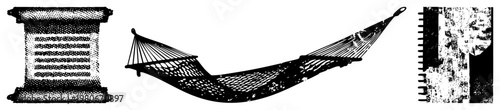 Textured hammock suspended, scroll with striped, halftone vector art, black and white graphic, isolated foreground elements, retro aesthetic, stylized.