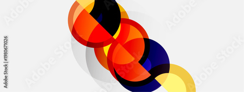 Abstract composition features overlapping colorful circles. Red, orange, yellow, navy hues create dynamic visual impact. Minimalist design.