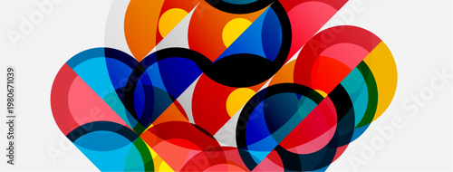 Abstract colorful circles overlap, creating dynamic composition. Bright hues blend, forming modern visual experience.