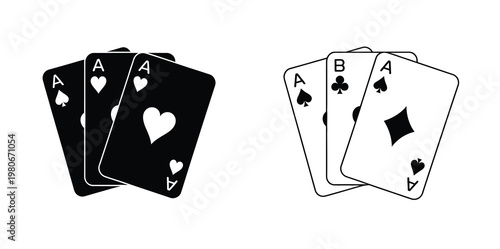 Fanned playing cards vector in black and white styles with classic suits minimal silhouettes poker casino design isolated on white background