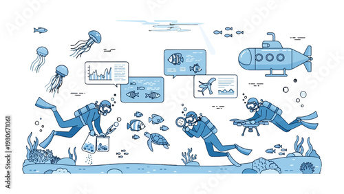 Underwater Exploration: Dive into an artistic underwater scene, showcasing the wonders of marine life through the eyes of divers. Witness their exploration and the vibrant ecosystem.