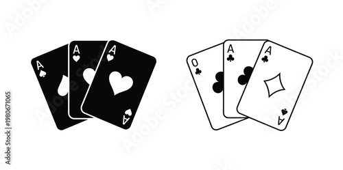 Fanned playing cards icon design in black and white with classic suits clean silhouettes for poker casino graphics isolated on white background