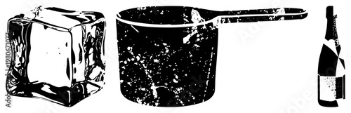 Stylized ice cube, saucepan with handle, champagne bottle vector illustration,, halftone texture, kitchen & beverage, graphic design assets.