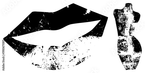 Distressed black lips graphic with splattered texture, fashion mannequin silhouette, vintage fashion, stylized body, bold graphic art, fashion illustration, vector design.