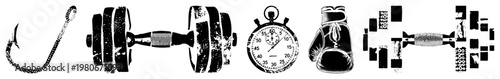 Classic gym and sport symbols in retro dot matrix style fishing hook, dumbbell, stopwatch, boxing glove, weight plate, vector for fitness apps or retro branding.