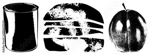 Retro style halftone graphic depicting canned food, sliced burger, and with textured shading, vector art, design.