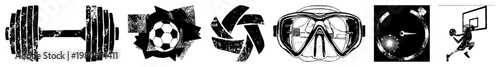 Dumbbell, soccer ball, camera shutter, diving mask, stopwatch, basketball player bold graphic for sport, fitness, and action themes.