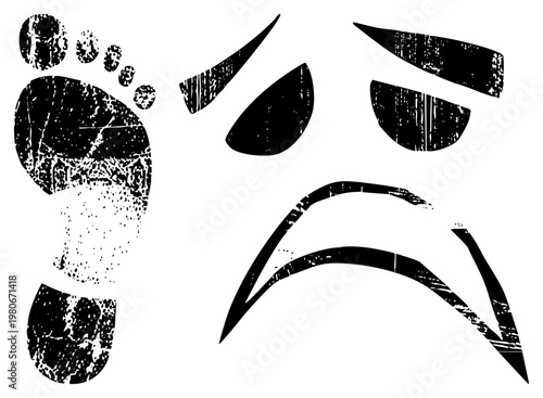 Frustrated facial expression with frowning mouth and angry eyes, paired with a dirty footprint, gritty design, stencil art style, emotional.