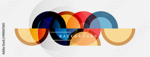 Abstract colorful shapes overlap. Modern design features translucent layers, creating dynamic visual effect. Background text present.