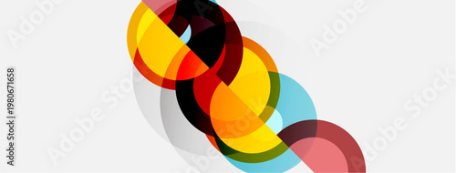 Abstract circles overlap, creating vibrant color blends. Modern design features warm, cool hues on white background. Simple, elegant.