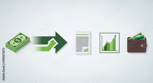 Financial process flow from money to wallet with graph.