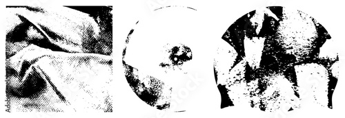 Stylized halftone fabric folds, circular abstract forms, and textured graphic shapes rendered in vector style, ideal for design or print elements.