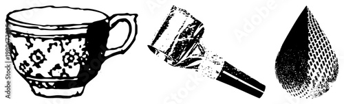 Classic teacup with, coffee tamper tool, water droplet, halftone texture, black and white vector graphics, isolated design elements.