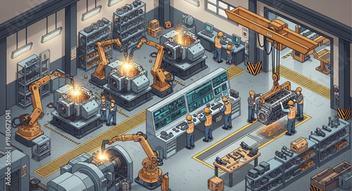 Automated Factory Production Line with Robotic Arms and Workers.