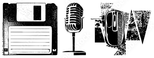 Retro tech symbols including floppy disk, vintage microphone, and computer mouse rendered in halftone, stylized vector graphic for digital nostalgia.