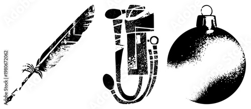 Three classic symbols rendered in gritty halftone feather quill, nautical anchor, festive ornament. vector with textured distress, ideal for retro branding or thematic design.