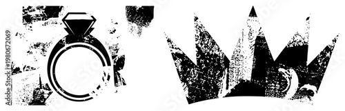 Stylized black and white diamond ring and crown with halftone texture, graphic design elements, vector art, and romance themes, isolated foreground.