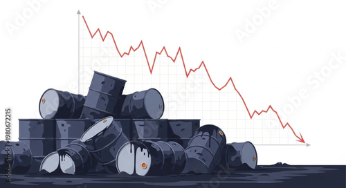 Oil barrels stacked with a downward trending stock market graph.