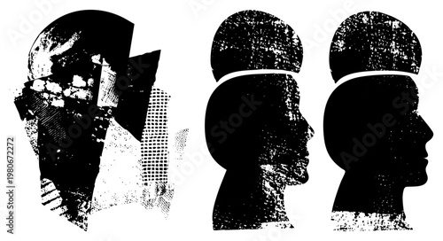 Vector profile heads with distressed textures, halftone dot, and gritty, ideal for graphic design, posters, or layouts.