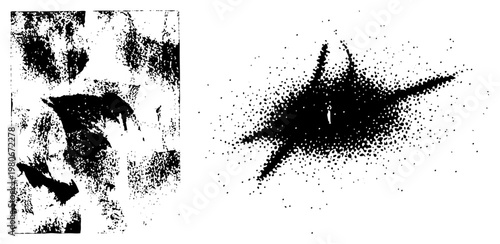 Black ink splatter radiating from center, halftone dot gradient, graphic texture, vector art, isolated design, ink burst, stylized explosion.