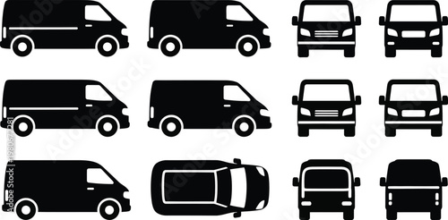 Delivery van black silhouette icon set with multiple viewing angles