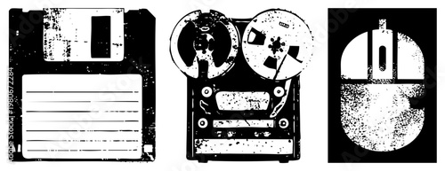 Retro computing devices with distressed textures, floppy disk, tape recorder, computer mouse, analog digital transition era, nostalgic tech.