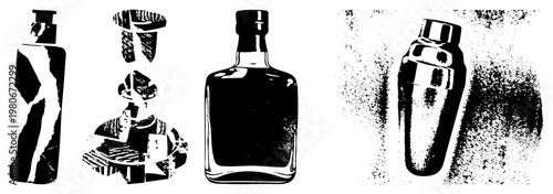 Retro liquor bottles, cocktail shaker, barware collection, halftone graphic, black and white vector, classic drink containers, vintage bar tools.