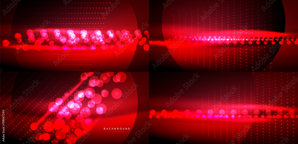 Fototapeta premium Four red backgrounds display glowing circles, dots. Abstract design suggests digital connections, energy flow. Dark backdrop enhances vibrant illumination.