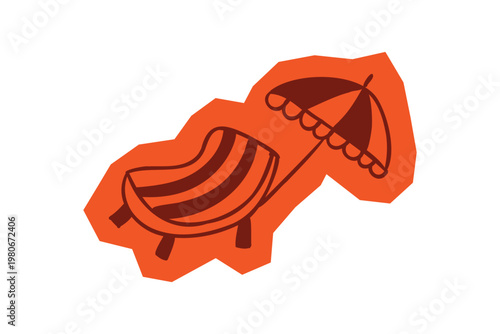 Hand drawn deck chair and beach umbrella icon on orange sticker border for Scrapbook and Journal. Vector illustration design.