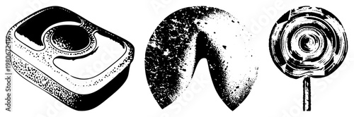 Vintage style fortune cookie, lollipop, and candy tin rendered in halftone vector art, isolated graphic elements, classic dessert, stylized sweet treats.