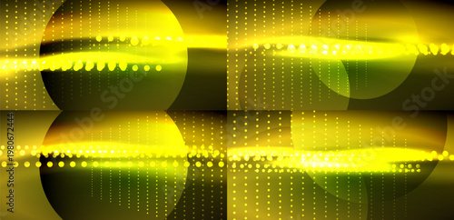 Abstract golden design. Circles, lines, dots create dynamic visual effect. Dark background enhances luminosity. Modern, energetic composition.