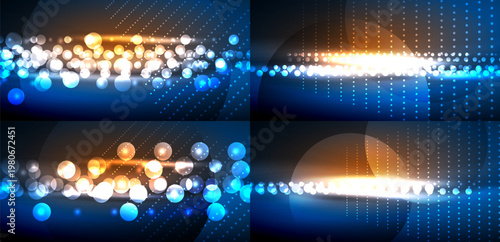 Bright abstract backgrounds. Glowing spheres, lines create dynamic visual effects. Dark backdrop enhances luminosity, modern design elements.