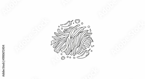 Whimsical line art of spicy noodles with chili peppers and seasoning dots