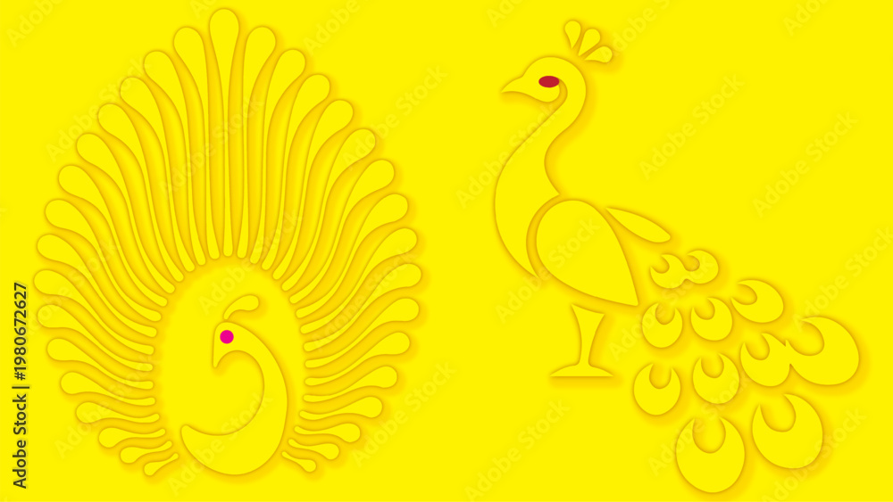 Fototapeta premium Elegant yellow peacocks with ornate feather patterns in harmonious decorative symmetry.