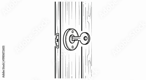 Vintage illustration of a wooden door with key in lock