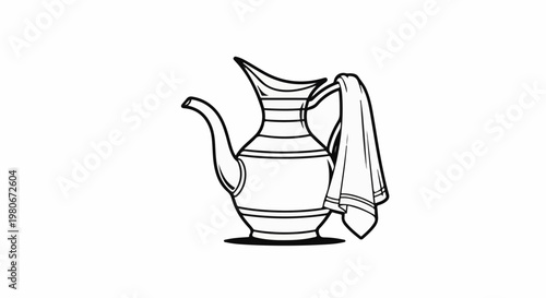 Vintage jug with ornate bands and a draped cloth on its handle