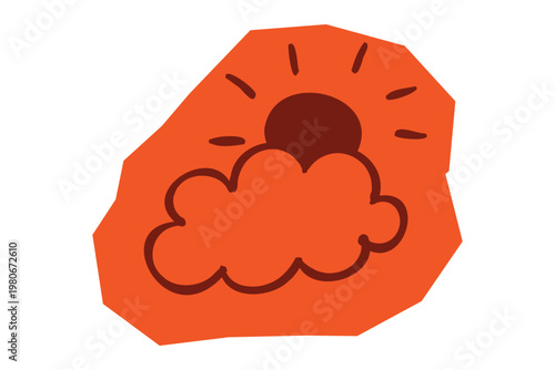 Hand drawn sun behind cloud icon on orange sticker border representing weather forecast and summer day for Scrapbook and Journal. Vector illustration design.