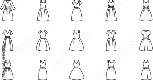 Collection of black and white line of various women's dresses fashion clothing 1 apparel style