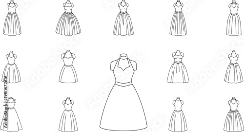Collection of black and white line of various dresses on mannequins fashion clothing line black and white