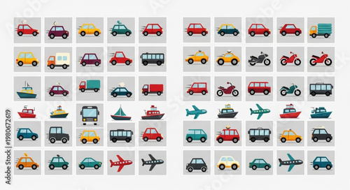 Collection of diverse transportation vehicle icons.