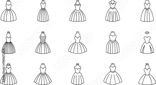 Collection of black and white line of various ball gowns dress wedding dress formal wear