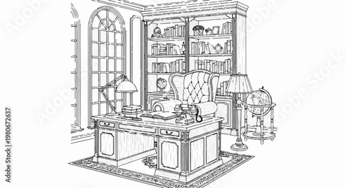 Vintage study with ornate desk, tufted chair, bookshelf, and globes