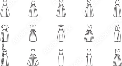 Collection of black and white line of various women's dresses fashion clothing outline apparel